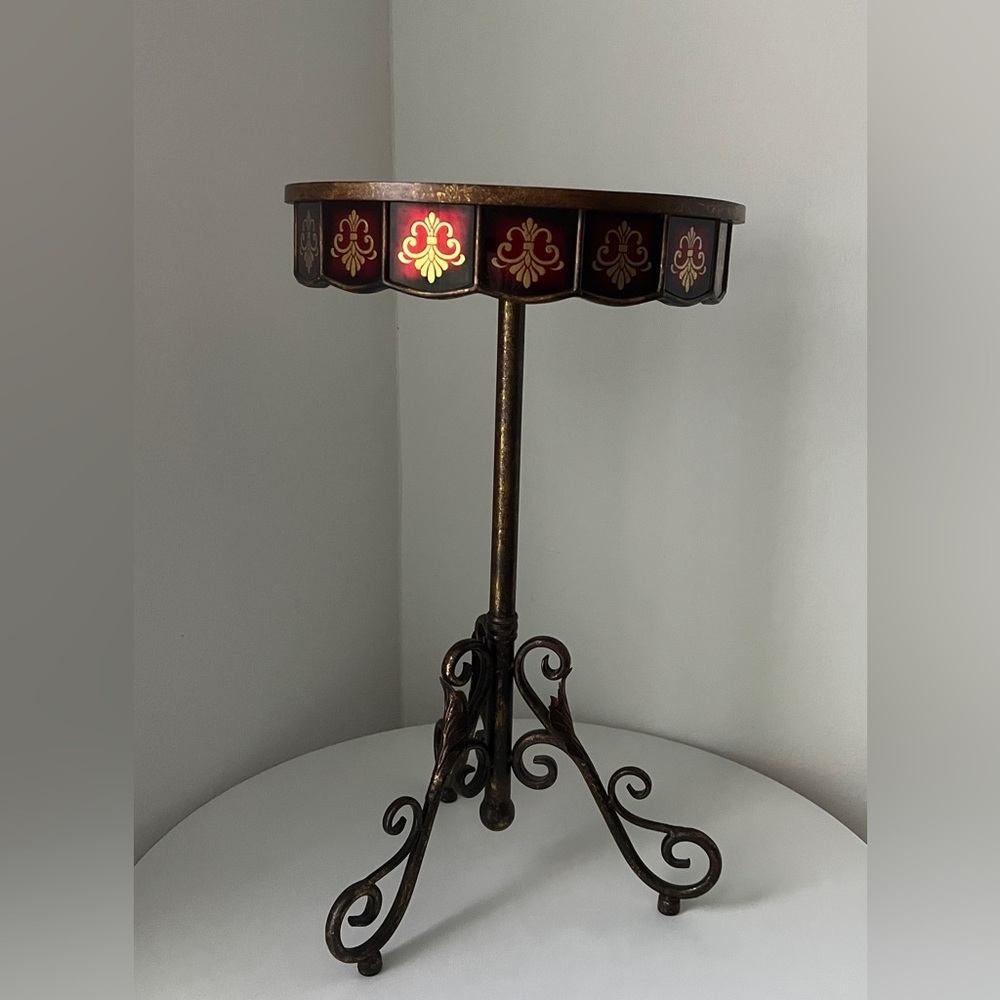 Gold &Red Italian Florentine Style Metal Round Pedestal Accent Table 16”x27”H